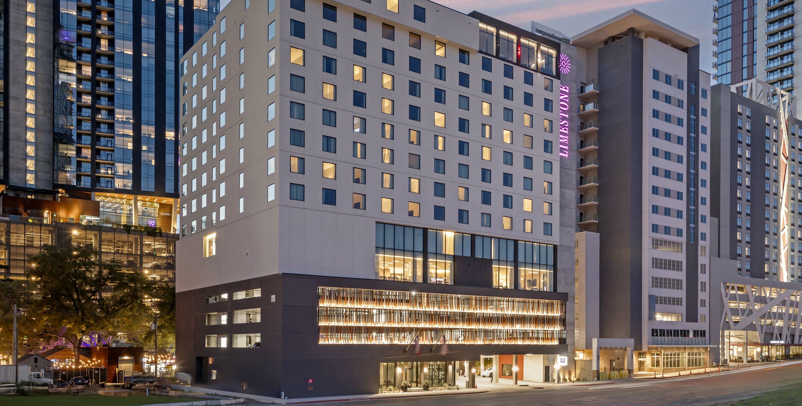 Completed hotel at twilight, Austin