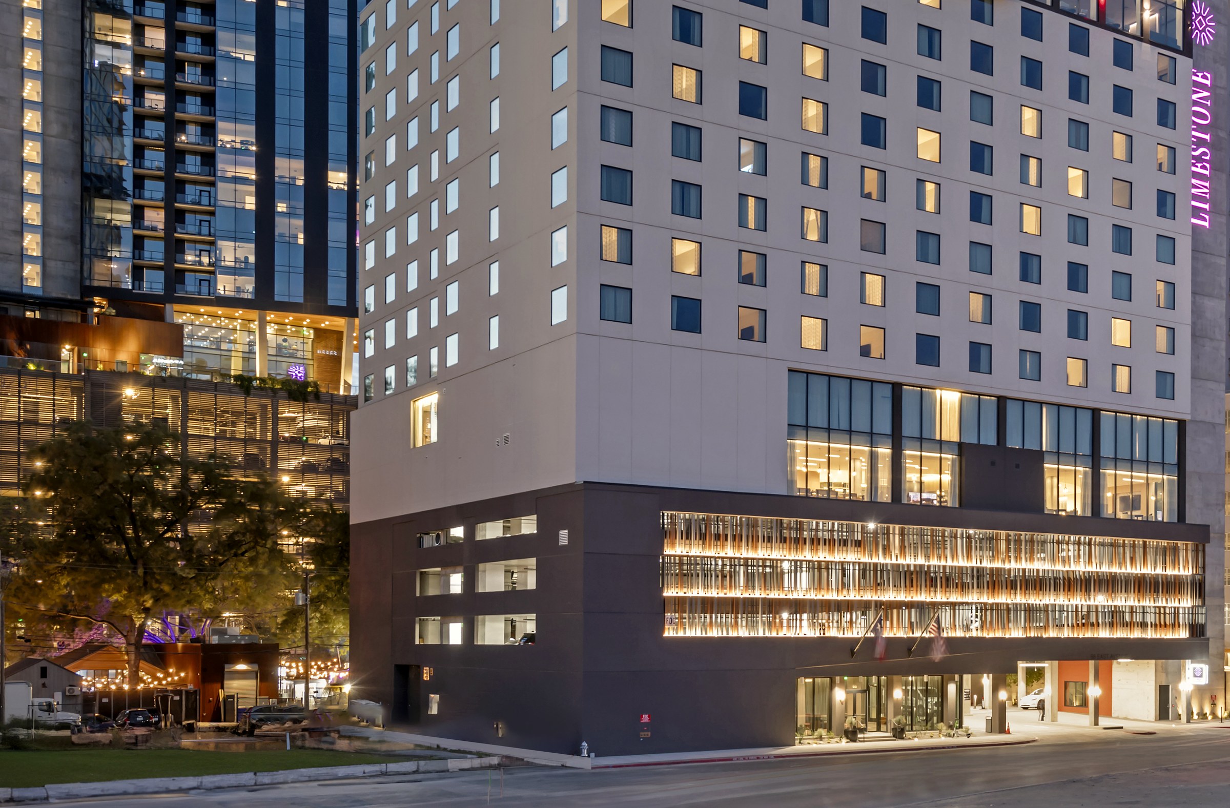 Completed Stratus hotel at dusk, downtown Austin